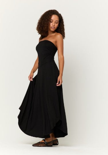 GODDESS STRAPLESS SHIRRED DRESS