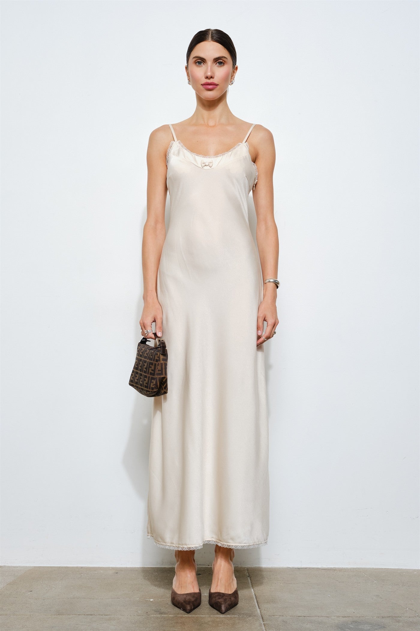 Genevieve Open Back Slip Dress In Ivory Satin