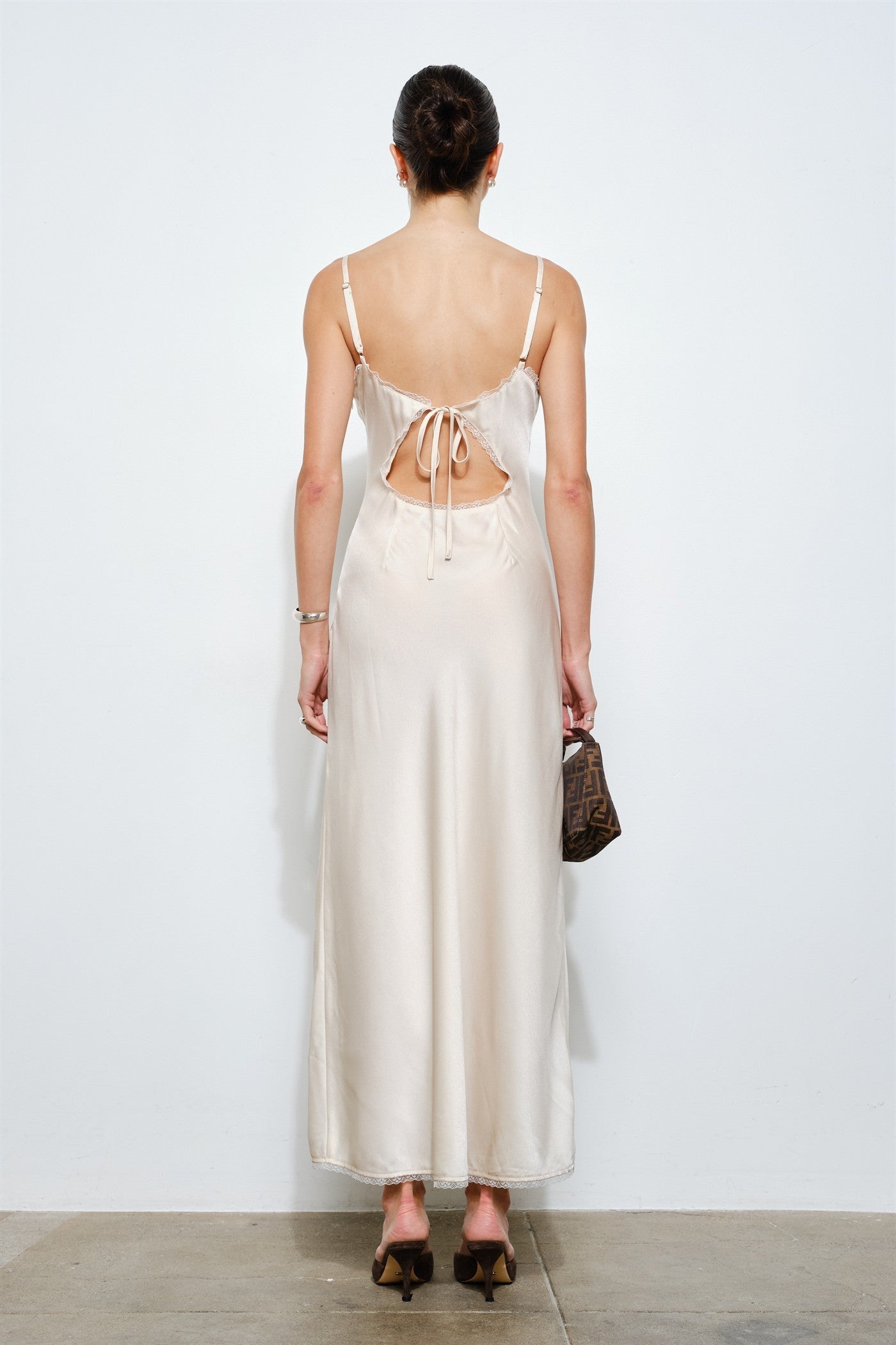 Genevieve Open Back Slip Dress In Ivory Satin