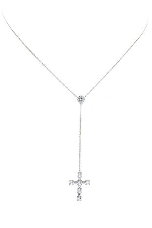 Silver Cubic Zirconia Cross Lariat Necklace #8009