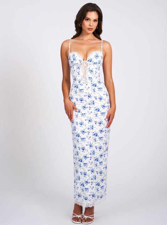 Blue Floral Print Satin Lace Maxi Dress