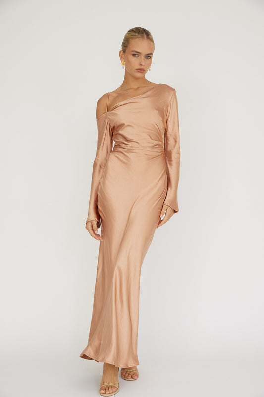 Bronze Long Sleeve Satin Dress