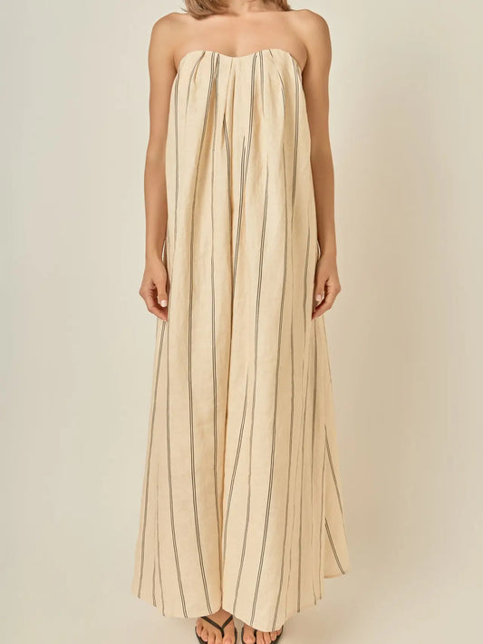 Strapless Pintuck Stripe Maxi Dress