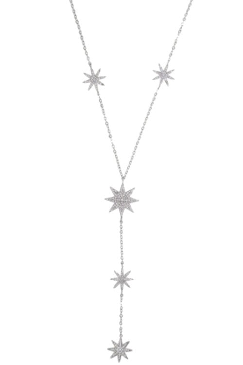 Silver Cubic CZ Pave Starburst Y Shape Necklace #30002