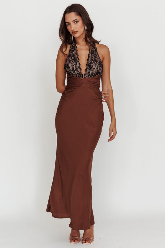 Black Lace Halter Top Satin Brown Dress