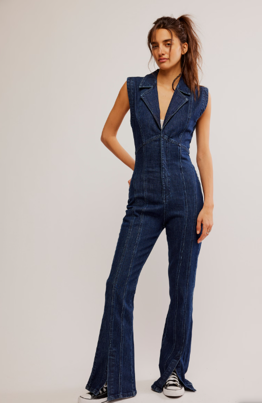 Designer Flare Slit Denim Jumpsuit