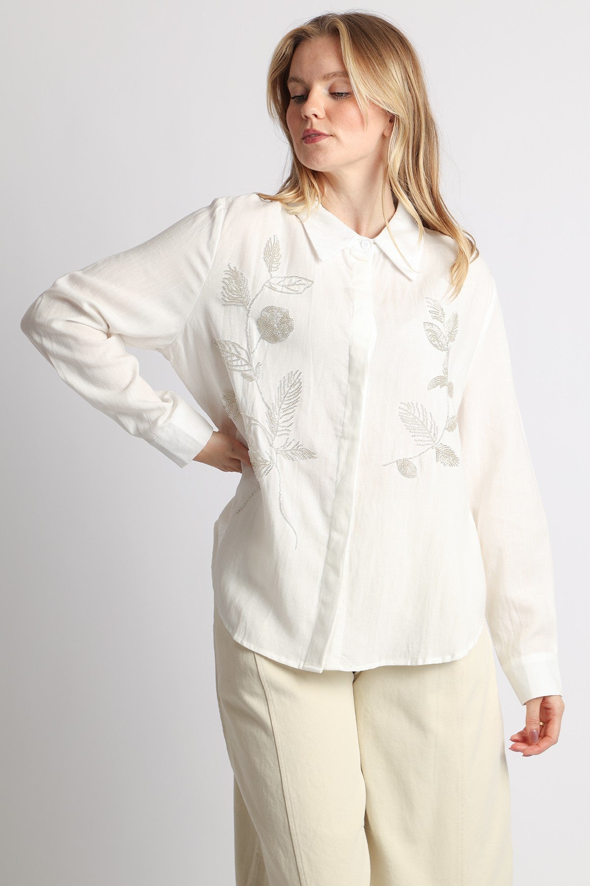 Floral Beaded Collared Top