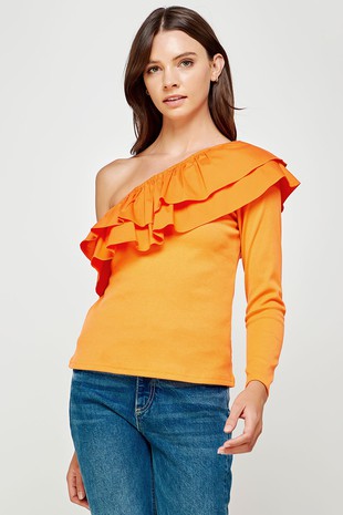 Orange One Sleeve Ruffle Top