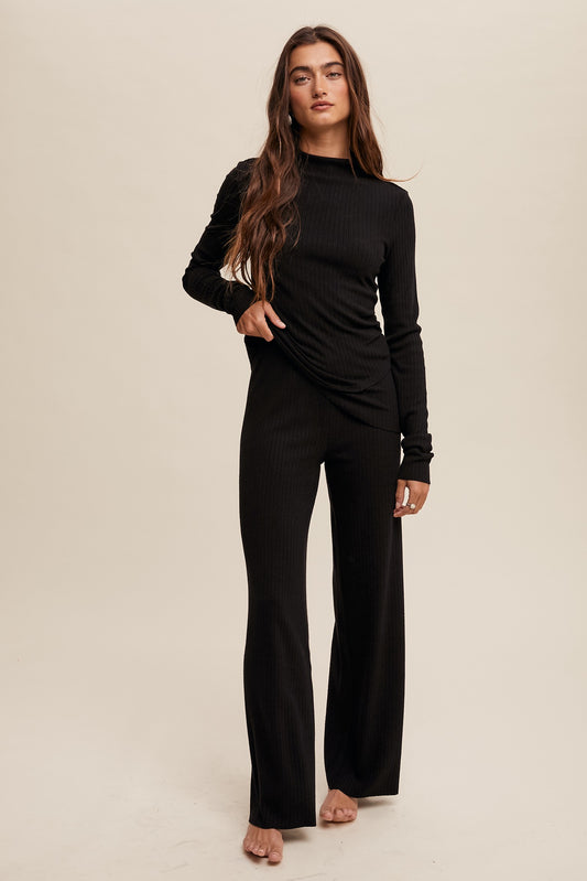 Petal Hem Ribbed Knit Long Sleeve and Pants Set