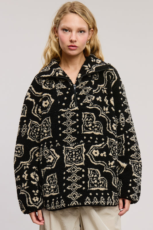 Paisley Patchwork Print Sherpa Pullover